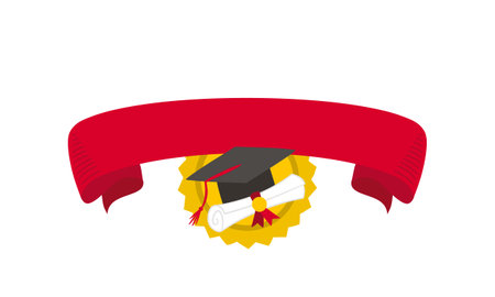 Graduation icon with bachelor cap and red ribbon for text. Emblem with gold medal and scroll. Hand-drawn emblem isolated on white background.Vector illustrationのイラスト素材