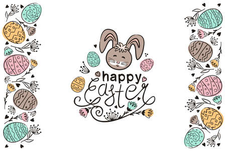 Happy Easter greeting with bunny. Hand drawn festive typography with flowers for cards and banners isolated on white background. Easter egg pattern. vector illustrationのイラスト素材