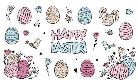 Hand drawn Happy Easter set. Elements for easter decoration. Painted eggs and flowers in doodle style. Multi-colored watercolor stains. Vector elements for the design of cards, posters and banners.のイラスト素材