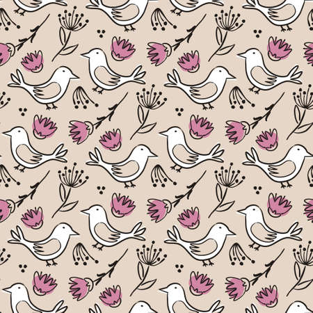 Seamless pattern of hand-drawn birds and flowers. Cute doodle background. Vector illustration for spring projects, easter, weddings.のイラスト素材