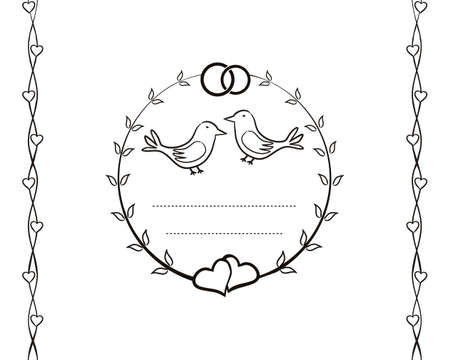 Newlyweds frame with two white doves. Just married decor. Vector hand drawn elements for Wedding. Cute doodle love collection. Hearts and love illustrationのイラスト素材