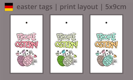 Set of hand drawn easter tags in German. Lettering of the phrase Happy Easter, flowers, painted eggs. print layout. Vector illustration for printing and design. Translation: Happy Easterのイラスト素材