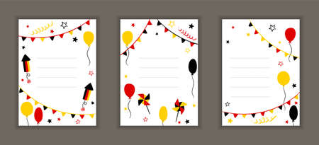 Set of banners for Germany in national tricolor. Greeting card Template with flags, balloons, petards and stars. Vector illustration for poster design.のイラスト素材