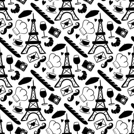 Seamless french pattern with Eiffel Tower, croissant, chef's hat and hearts. Hand drawn Paris decor in black and white color. Vector illustration for France, trip and adventure.のイラスト素材