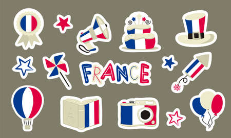 Set of stickers National French Symbols. Isolated elements for Bastille Day or National Decor of France. Hand drawn Vector illustration for a festive or holiday decoration.のイラスト素材