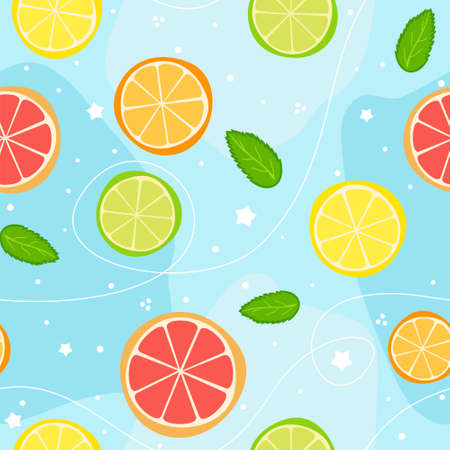 Seamless summer pattern from citrus slices. Refreshing juicy background with lemonade idea and lime, lemon, orange and grapefruit. Vector illustration on the theme of summer, sun, heat and relaxation.のイラスト素材