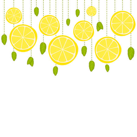 Pattern of hand-drawn lemons suspended on chains. Hanging citrus slices and mints. Vector illustration on the theme of summer, sun, heat and relaxation.のイラスト素材
