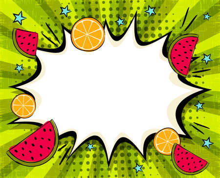 Bright comic speech bubble with Summer juicy in popart style. Empty Box for text in explosion shape, orange and watermelon. cartoon vector illustration. Template for offer, announcements or promotionsのイラスト素材