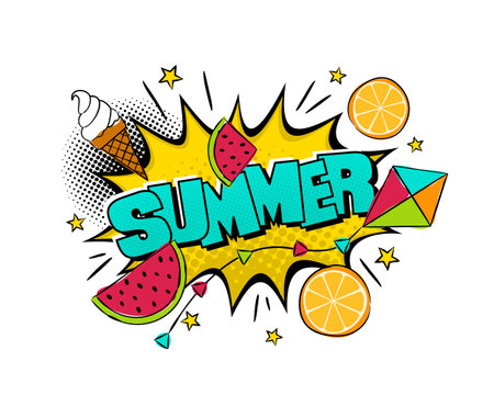Comic Juicy Summer Logo. Pop art explosion with ice cream, orange, kite and watermelon in cartoon style. Seasonal Vector illustration for sticker, badge, poster, banner or calendar.のイラスト素材