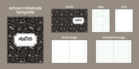 Maths Template to print School notebook or mathematics textbook. hand-drawn mathematical elements. Blanks for checkered and lined pages. Frame for educational or scientific poster. vector illustrationのイラスト素材