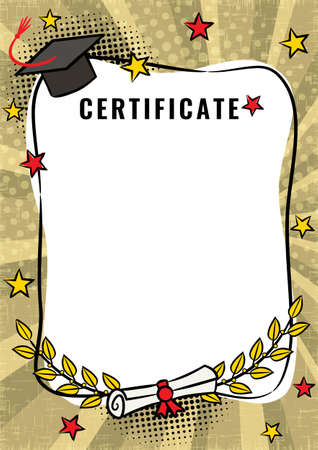 certificate blank. Graduate Pop art comic empty frame with bachelor cap, stars and branches of laurel. White box for text. Template for congratulations, graduation. Cartoon Vector illustrationのイラスト素材