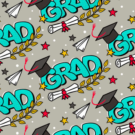 Seamless graduation pattern with comic style elements. Cartoon holiday background with flags, balloons, stars, laurel branches and a bachelor cap. Vector illustration with halftone ornaments.のイラスト素材