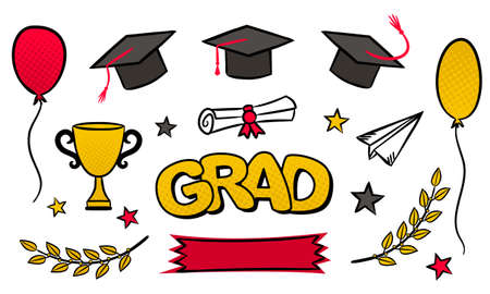Grad. Set of comic hand drawn graduation elements. Isolated doodle icons. Bachelor cap, scroll, balloons, laurel. School Vector illustration for posters, cards, banners.のイラスト素材