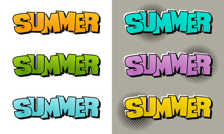 Set of Comic Summer Logos. Cartoon letters in pop art style with dotted halftones. Seasonal Vector illustration for sticker, badge, poster, banner or calendar.のイラスト素材
