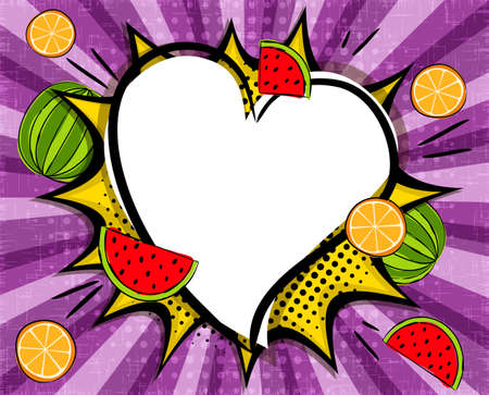 Bright comic heart with Summer juicy in popart style. Empty Box for text in love shape, orange and watermelon. cartoon vector illustration. Template for offer, announcements or promotionsのイラスト素材