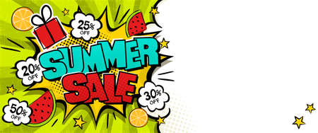 Bright comic banner for summer sale or seasonal discounts. Cloud text frame on a ray background. Template for web design, flyers, banners, coupons, applications and posters. vector illustrationのイラスト素材