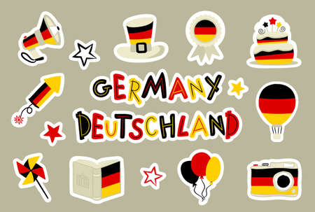 Set of stickers National German Symbols. Isolated elements for National Decor of Germany. Hand drawn Vector illustration for tourism, travel, festive or holiday decoration.のイラスト素材