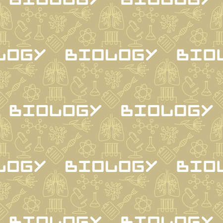 Seamless linear pattern with school biological elements. Pattern with education objects, amoeba, plants, test tubes, experiments. Vector background for Biology.のイラスト素材