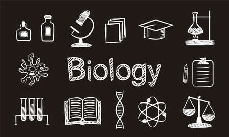 Set of chalk hand drawn Biological school icons. Pictograms of education objects, amoeba, plants, test tubes, experiments, Biology on blackboard. Vector illustration for school and education projects.のイラスト素材