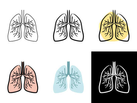 Lungs icons set isolated on white background. Hand-drawn contour icon in doodle style, flat, chalk on a black board. Vector illustration for biology, science, medicine, anatomy projectsのイラスト素材