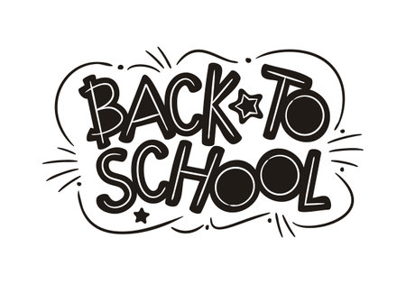 Back to School lettering banner in cartoon style. Blank for school banner, presentation, template. Black and white drawn image. vector illustrationのイラスト素材