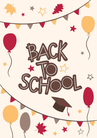 Back to School lettering banner in cartoon style. Blank for school presentation. Greeting card Template with flags, balloons, autumn leaves and stars. Vector illustration for poster design.のイラスト素材