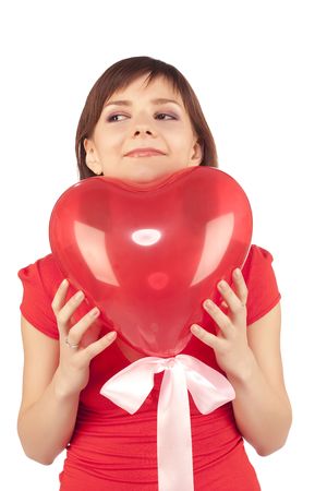 woman with red heart balloon on a white background
の写真素材