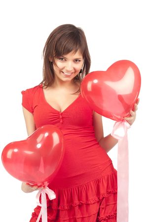 woman with red heart balloon on a white backgroundの写真素材