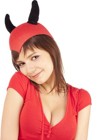 Picture of a girl in a devil costume over white backgroundの写真素材