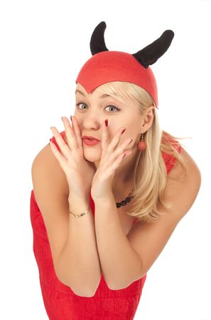 Picture of a girl in a devil costume over white backgroundの写真素材