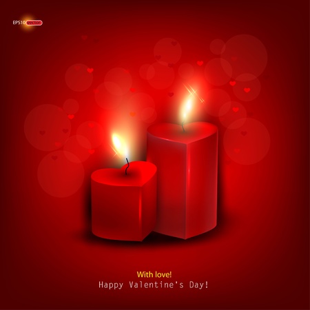 Two red burning heart shaped candles on dark red background. Vector backgroundのイラスト素材