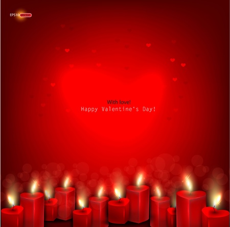 Two red burning heart shaped candles on dark red background. Vector backgroundのイラスト素材