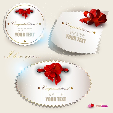 Gift cards with red ribbons. Vector setのイラスト素材