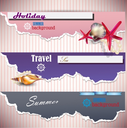Set of Holiday banners with shells and place for text. Torn paperのイラスト素材