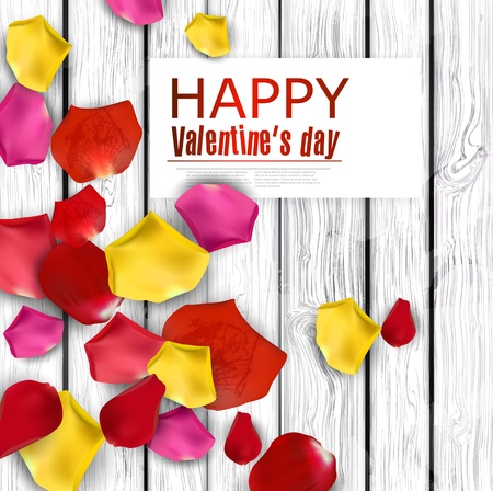 Beautiful colorful rose petals on wooden texture.  Happy Valentine's Day. backgroundのイラスト素材