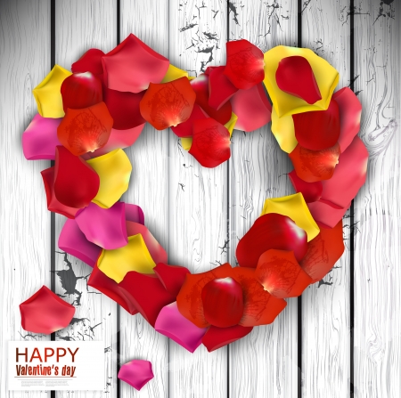 Beautiful heart made from rose petals on wooden texture. backgroundのイラスト素材