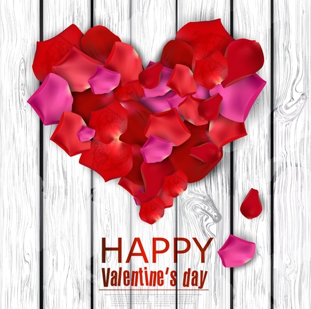 Beautiful heart made from rose petals on wooden texture. Vector backgroundのイラスト素材