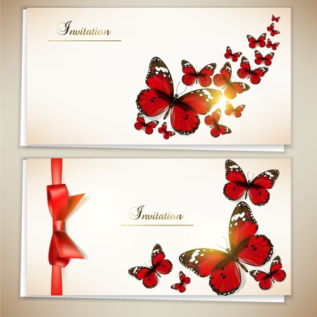 Collection of gift cards and invitations with ribbons and butterfly. Vector backgroundのイラスト素材