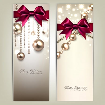 Elegant Christmas banners with golden baubles and red bows. Vector illustrationのイラスト素材