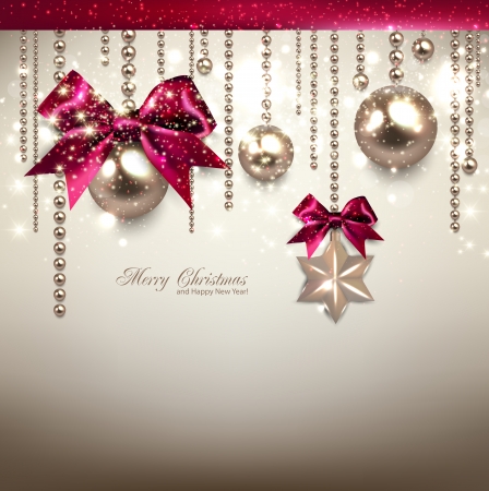 Elegant Christmas background with red ribbons and golden garland. Vector illustrationのイラスト素材