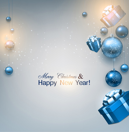 Christmas background with gifts and blue balls. Xmas baubles.Vector illustration.のイラスト素材