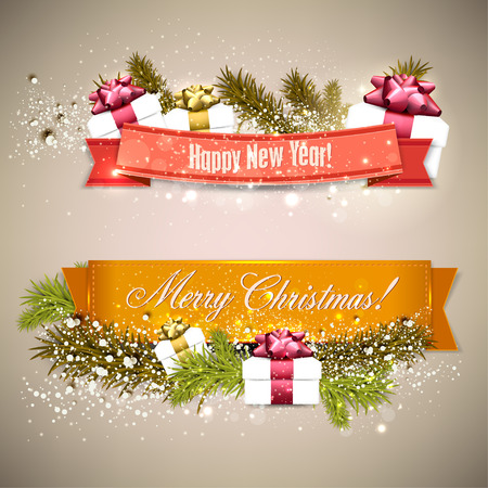 Set of  Ribbons, Labels, Tags "Merry Christmas and Happy New Year !"のイラスト素材