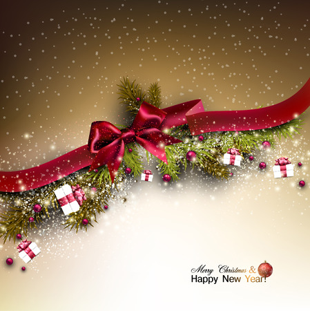 Christmas background with fir twigs garland and Xmas balls. Red bow. Vector illustration.のイラスト素材