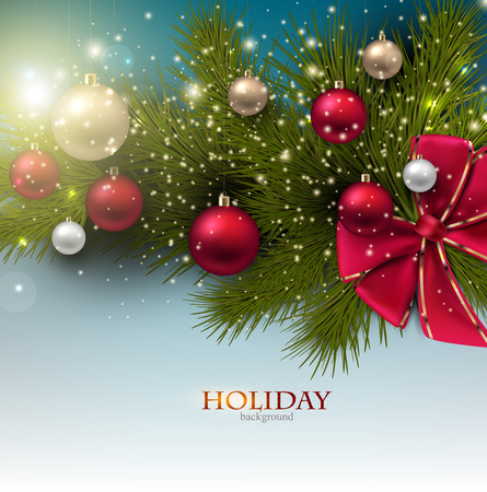Christmas background with balls and fir twig. Colorful Xmas baubles. Vectorのイラスト素材