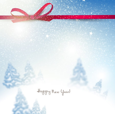 Beautiful Christmas background with blurred Christmas trees. White winter landscape. Starry sky. Vector Illustrationのイラスト素材