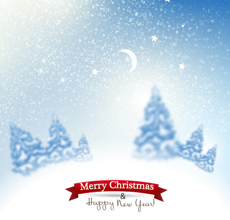 Beautiful Christmas background with blurred Christmas trees. White winter landscape. Starry sky. Vector Illustrationのイラスト素材