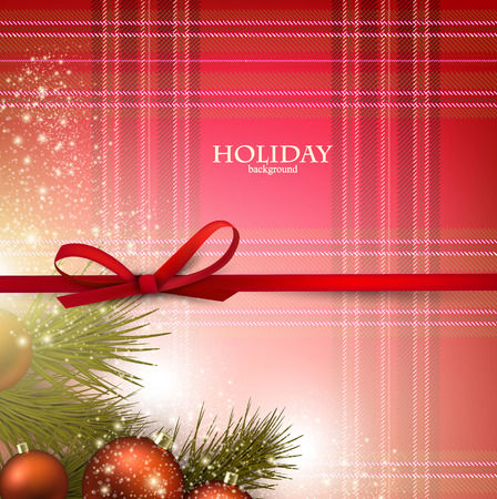 Christmas background with red bow and fir twigs garland on textured material. Vector illustration.のイラスト素材