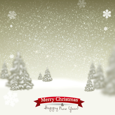 Beautiful Christmas background with blurred Christmas trees. White winter landscape. Starry sky. Vector Illustrationのイラスト素材