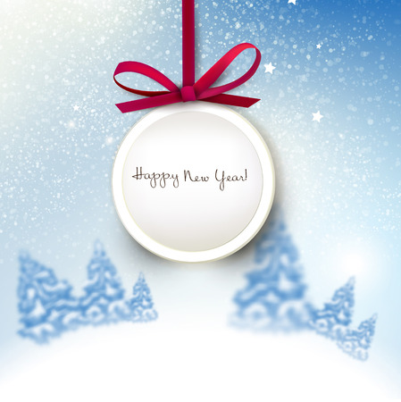 Beautiful Christmas background with blurred Christmas trees. Label with red bow. Starry sky. Vector Illustrationのイラスト素材