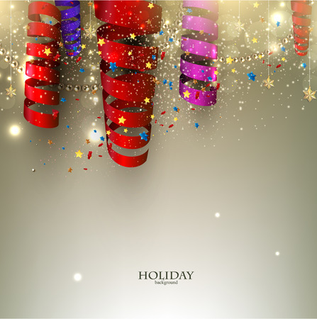 Colorful confetti and ribbons. Holiday background with starsのイラスト素材